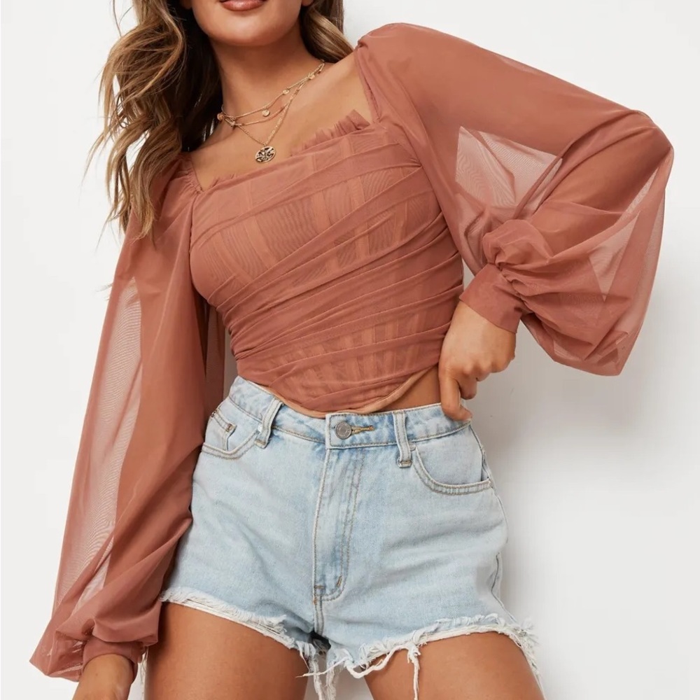 Missguided Taupe Mesh Puff Long Sleeve Milkmaid Corset Top